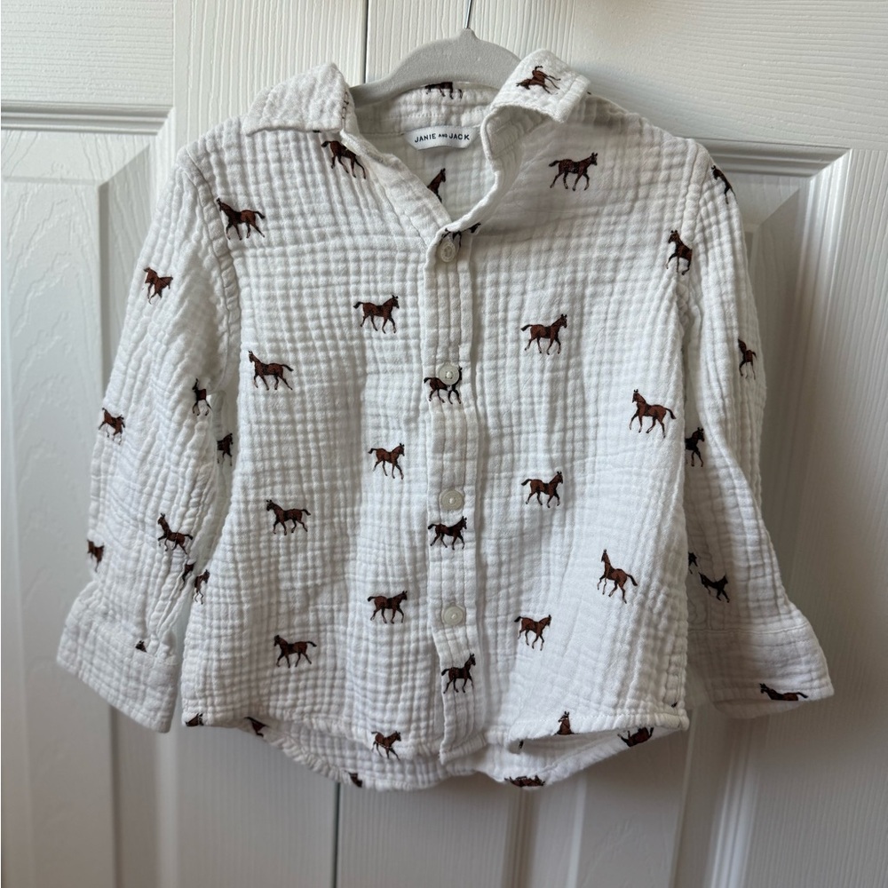 Janie and Jack White Gauze Button-Down Shirt with Brown Horse Motif
